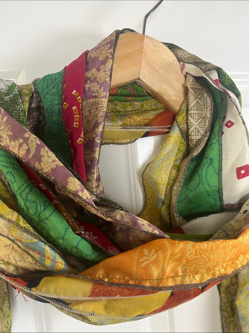 100% Silk Multicolor Strips patchwork mixed media boho vintage scarf - Picture 5 of 6
